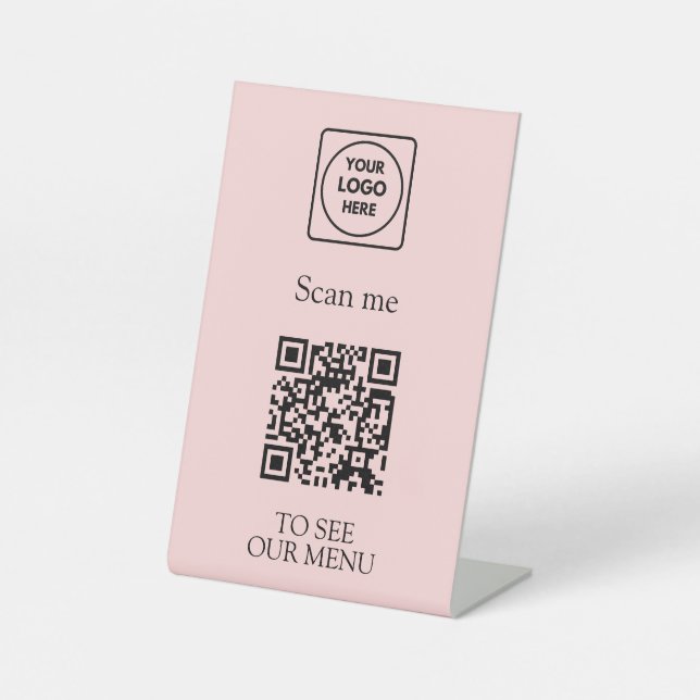 Signe De Table Menu Code QR Rose | Logo Moderne Sans Contact  (Recto)