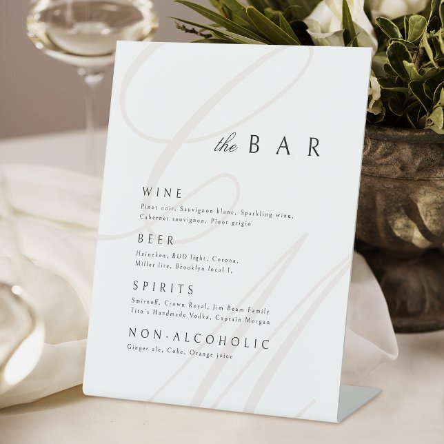 Signe De Table Menu de bar à monogramme de calligraphie d'éléganc (Classic Elegance Calligraphy Monogram Bar Menu Pedestal Sign)