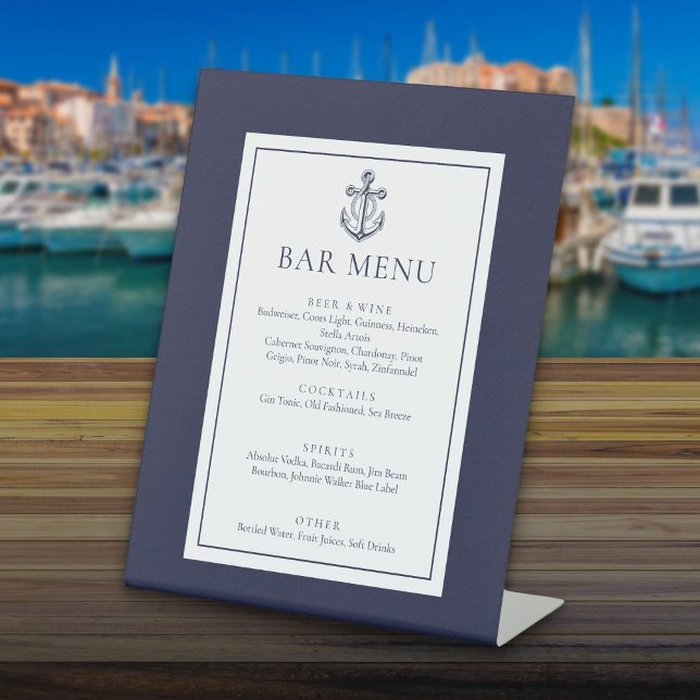 Signe De Table Menu de bar classique à l'ancre nautique bleu mari (Classic Nautical Anchor Navy Blue Bar Menu Pedestal Sign)