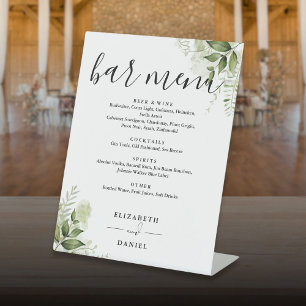 Signe De Table Menu de bar de mariage à la verdure florale modern