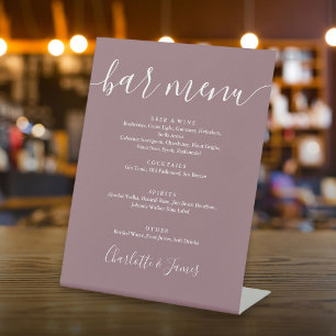 Signe De Table Menu de bar de mariage à l'écriture Mauve Signatur