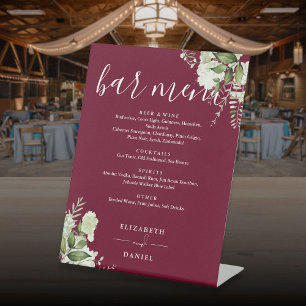 Signe De Table Menu de bar de mariage avec verdure florale burgon