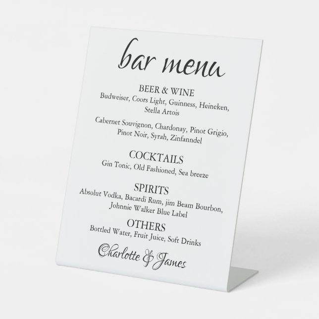 Signe De Table Menu de bar de mariage classique calligraphié élég (Recto)