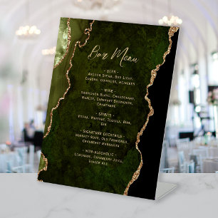Signe De Table Menu de bar de mariage en agate dorée vert olive