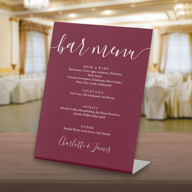 Signe De Table Menu de bar de mariage en écriture cursive Bourgog (Burgundy Signature Script Wedding Bar Menu Pedestal Sign)