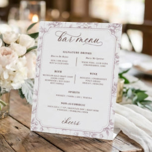 Signe De Table Menu de bar de mariage Fleur de toile rose poussié