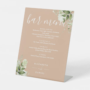 Signe De Table Menu de bar de mariage floral verdoyant beige