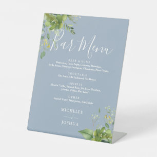 Signe De Table Menu de bar de mariage floral verdure bleu poussié