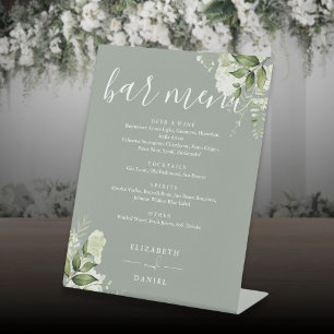 Signe De Table Menu de bar de mariage floral vert sauge
