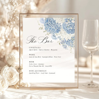 Signe De Table Menu de bar de mariage Hydrangea Bleu Poussiéreux