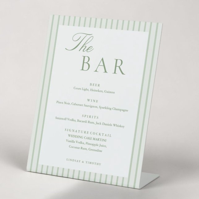 Signe De Table Menu de bar de mariage rayé classique vert (Créateur téléchargé)