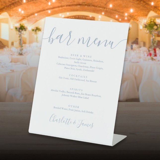Signe De Table Menu de la barre de script du Mariage bleu foncé (Dusty Blue Wedding Signature Script Bar Menu Pedestal Sign)