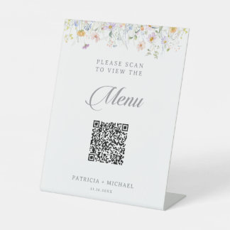 Signe De Table Menu de mariage avec code QR de fleurs sauvages de