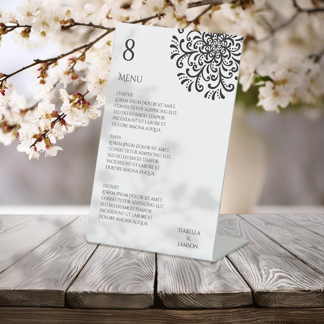 Signe De Table Menu de mariage fantaisiste noir et blanc à volute (Créateur téléchargé)