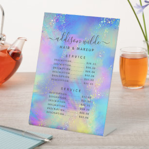 Signe De Table Menu de prix opale iridescent à paillettes hologra
