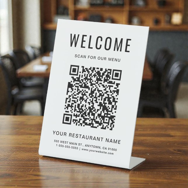 Signe De Table Menu de restaurant moderne sur table avec code QR (Modern QR Code Restaurant Menu Tabletop Pedestal Sign)