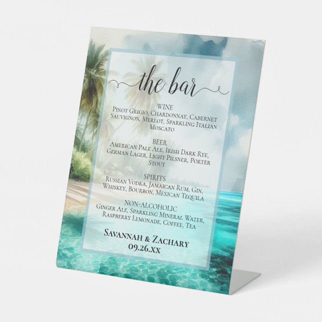Signe De Table Menu des boissons de mariage sur la plage tropical (Recto)