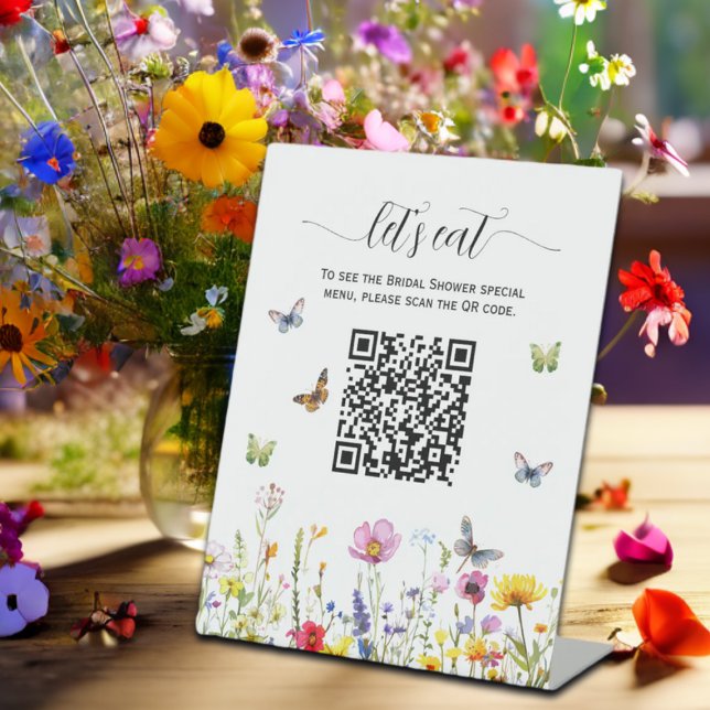 Signe De Table Menu Fête des mariées de code QR fleur sauvage (Créateur téléchargé)