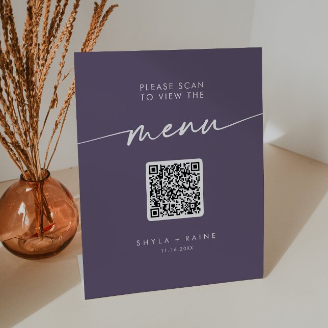 Signe De Table Menu Mariage Boho Chic Plum Purple QR Code (Créateur téléchargé)