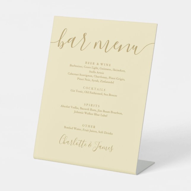 Signe De Table Menu Mariage Bouton Jaune Et Or Script (Recto)