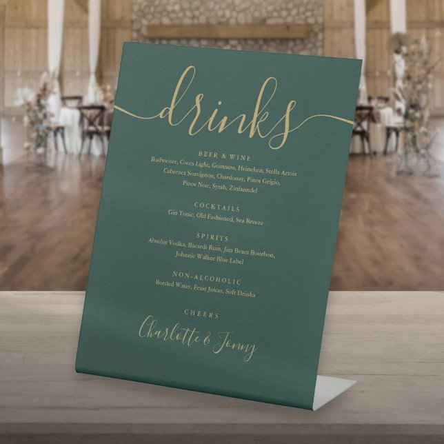 Signe De Table Menu Mariage Emerald Green And Gold Script (Emerald Green And Gold Script Wedding Drinks Menu Pedestal Sign)