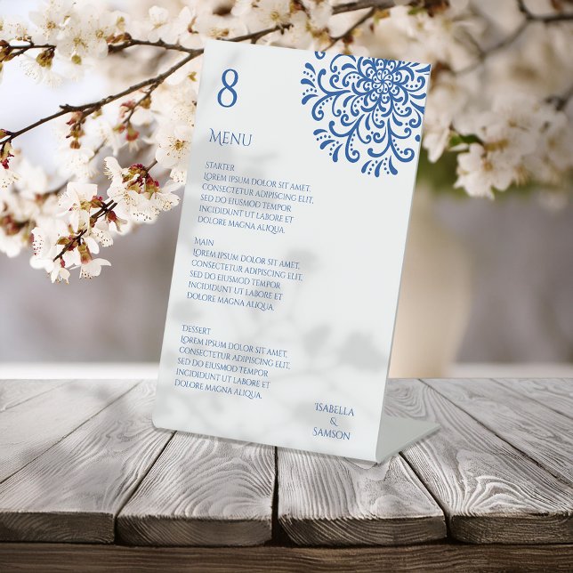 Signe De Table Menu Mariage Whimsical Blue Flourish (Créateur téléchargé)