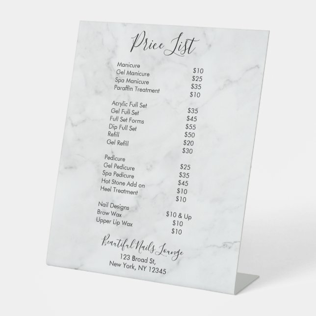 Signe De Table Menu Prix du Salon de l'ongle de marbre profession (Recto)
