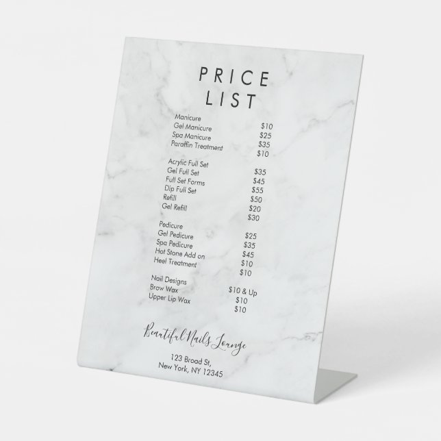 Signe De Table Menu Prix Salon à ongles de marbre (Recto)