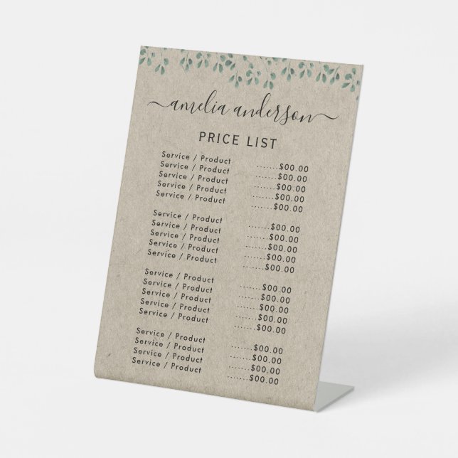 Signe De Table Menu Prix Simple Faux Kraft Green (Recto)
