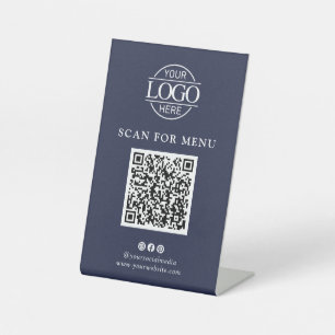 Signe De Table Menu QR Code sans contact Logo Entreprise Bleu Sim