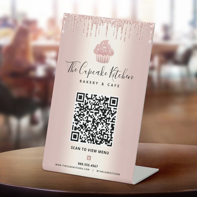 Signe De Table Menu Scan Code QR Cupcake Pailleté Rose Gold Baker (Créateur téléchargé)