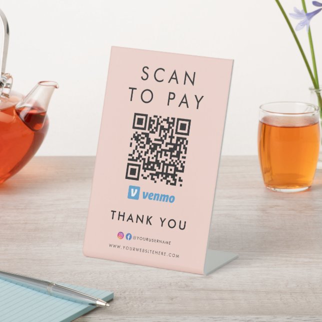 Signe De Table Merci Venmo Scan pour payer QR Code Blush rose (In SItu)