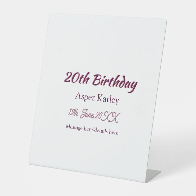Signe De Table Message simple nom date rose violet pour 20e anniv (Recto)