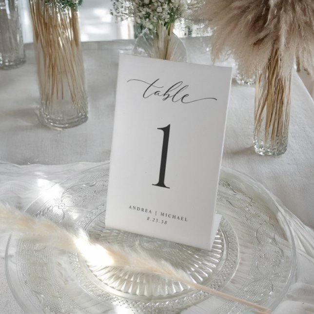 Signe De Table Minimal Modern Simple Wedding Table Numbers 4x6 (Elegant black and white wedding table number with minimal design and calligraphy script.)