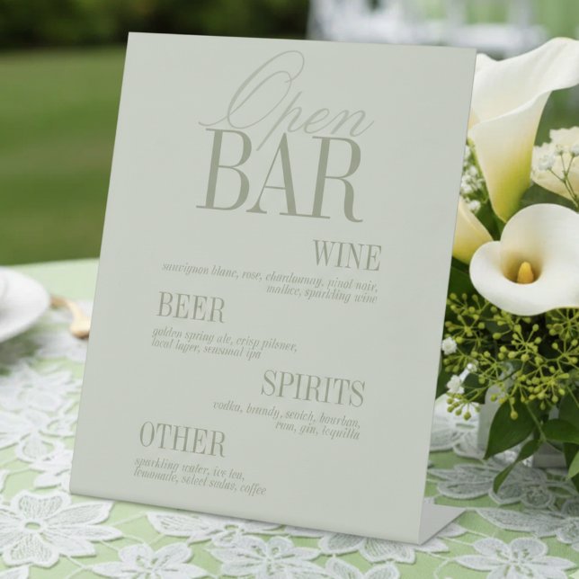 Signe De Table Modern Sage Green Open Bar Menu Wedding (Modern Sage Green Open Bar Menu Wedding Pedestal Sign)