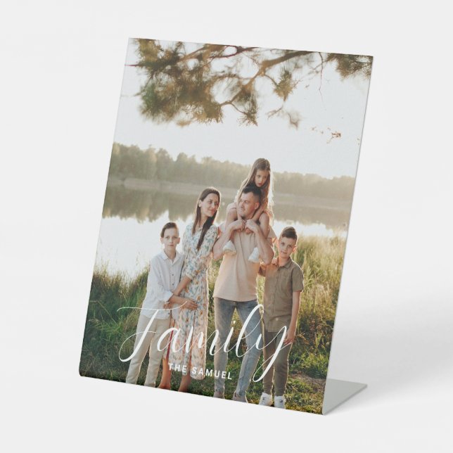 Signe De Table Modern Script Family Photo & Name Custom (Recto)