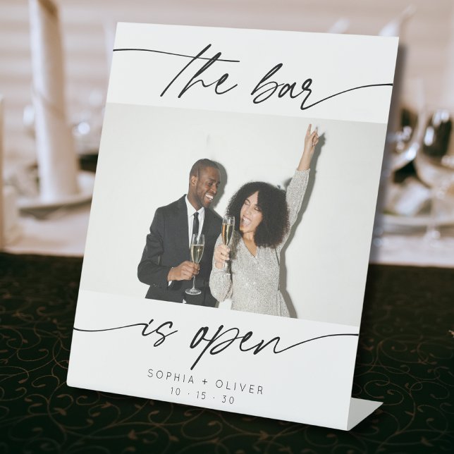 Signe De Table Moderne Le bar est ouvert Calligraphie Script Phot (Créateur téléchargé)