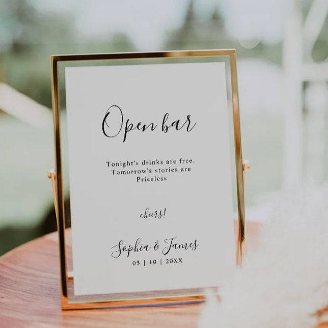 Signe De Table Moderne minimaliste calligraphie Mariage Open Bar (Modern Minimalist Calligraphy Wedding Open Bar Pedestal Sign)