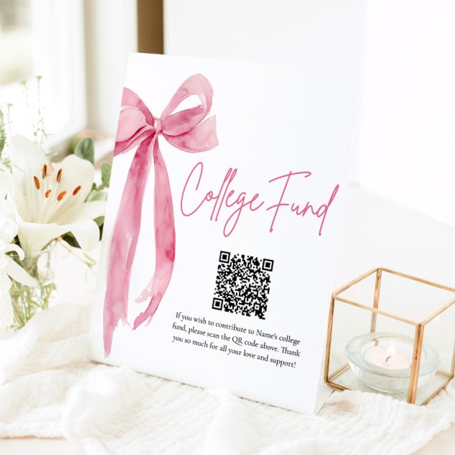 Signe De Table Moderne Pink Bow QR Code College Fund Graduation (Créateur téléchargé)