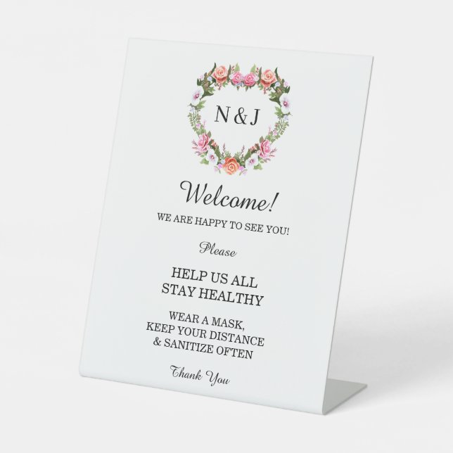 Signe De Table Monogramme Romantique Rose Floral Mesure de sécuri (Recto)