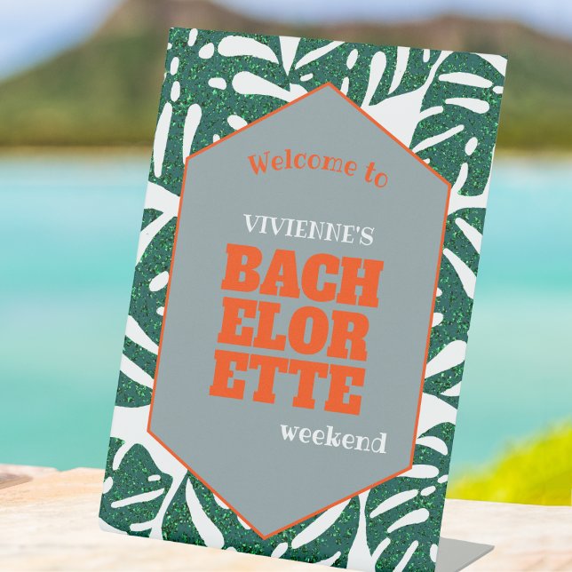 Signe De Table Monstera de Bachelorette Tropicale Bienvenue (tropical bachelorette party welcome sign glitter monstera green and orange bachelorette welcome)