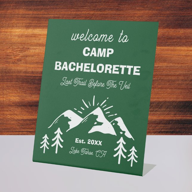 Signe De Table Montagnes Green White Camp Bachelorette Bienvenue (Mountains Green White Camp Bachelorette Welcome Pedestal Sign
)