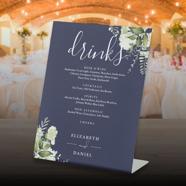 Signe De Table Navy Blue Floral Greenery Mariage Boissons Menu (Navy Blue Floral Greenery Wedding Drinks Menu Pedestal Sign)