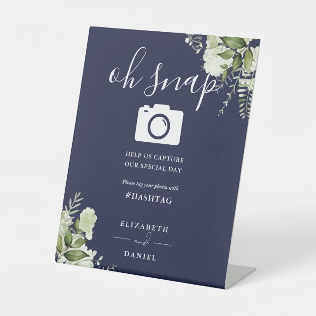 Signe De Table Navy Blue Green Script Floral Oh Snap Photo (Recto)