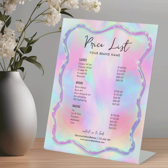 Signe De Table Neon Colours Holographique Girl Spa Salon Prix (Holographic effect girly colorful beauty salon or spa price list sign)