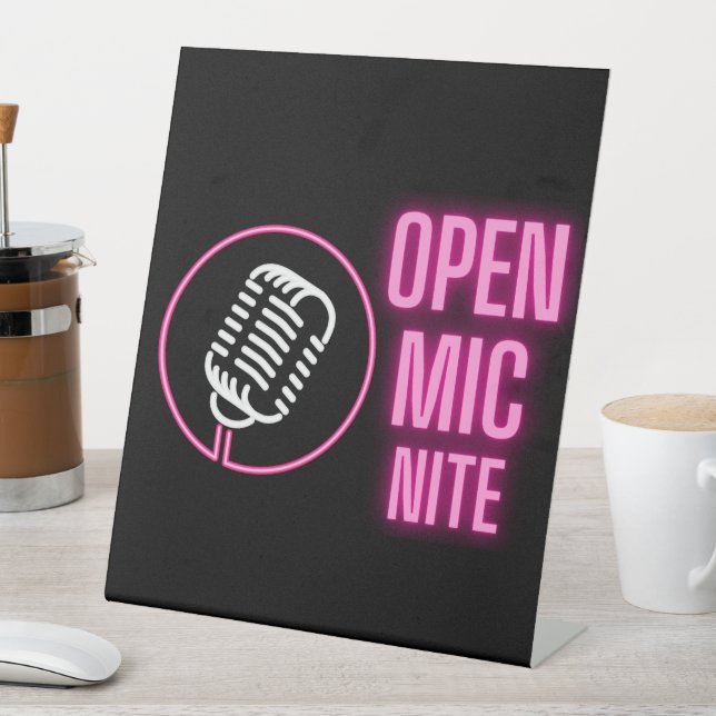 Signe De Table Neon Pink Open Mic Tabletop (In SItu)
