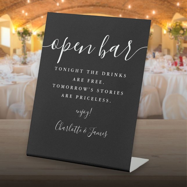 Signe De Table Noir Et Blanc Signature Script Open Bar (Black And White Signature Script Open Bar Pedestal Sign)