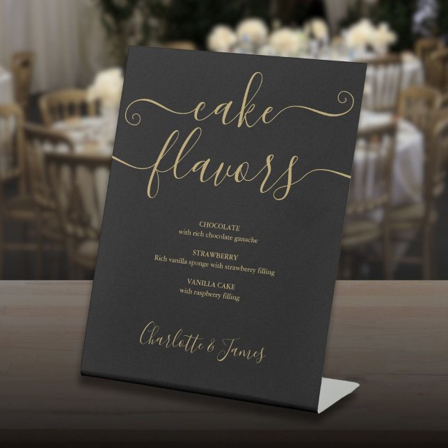 Signe De Table Noir Et Or Signature Script Saveurs De Gâteaux (Black And Gold Signature Script Cake Flavors Pedestal Sign)