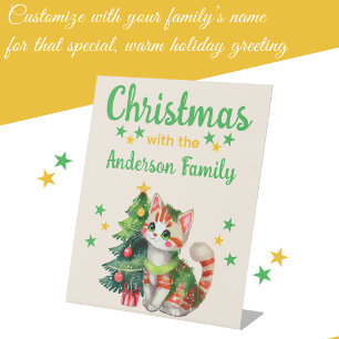 Signe De Table Nom de famille de Noël chat et arbre jaune vert