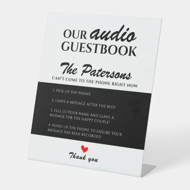 Signe De Table Notre Mariage Audio Guestbook Black White Modern (Recto)